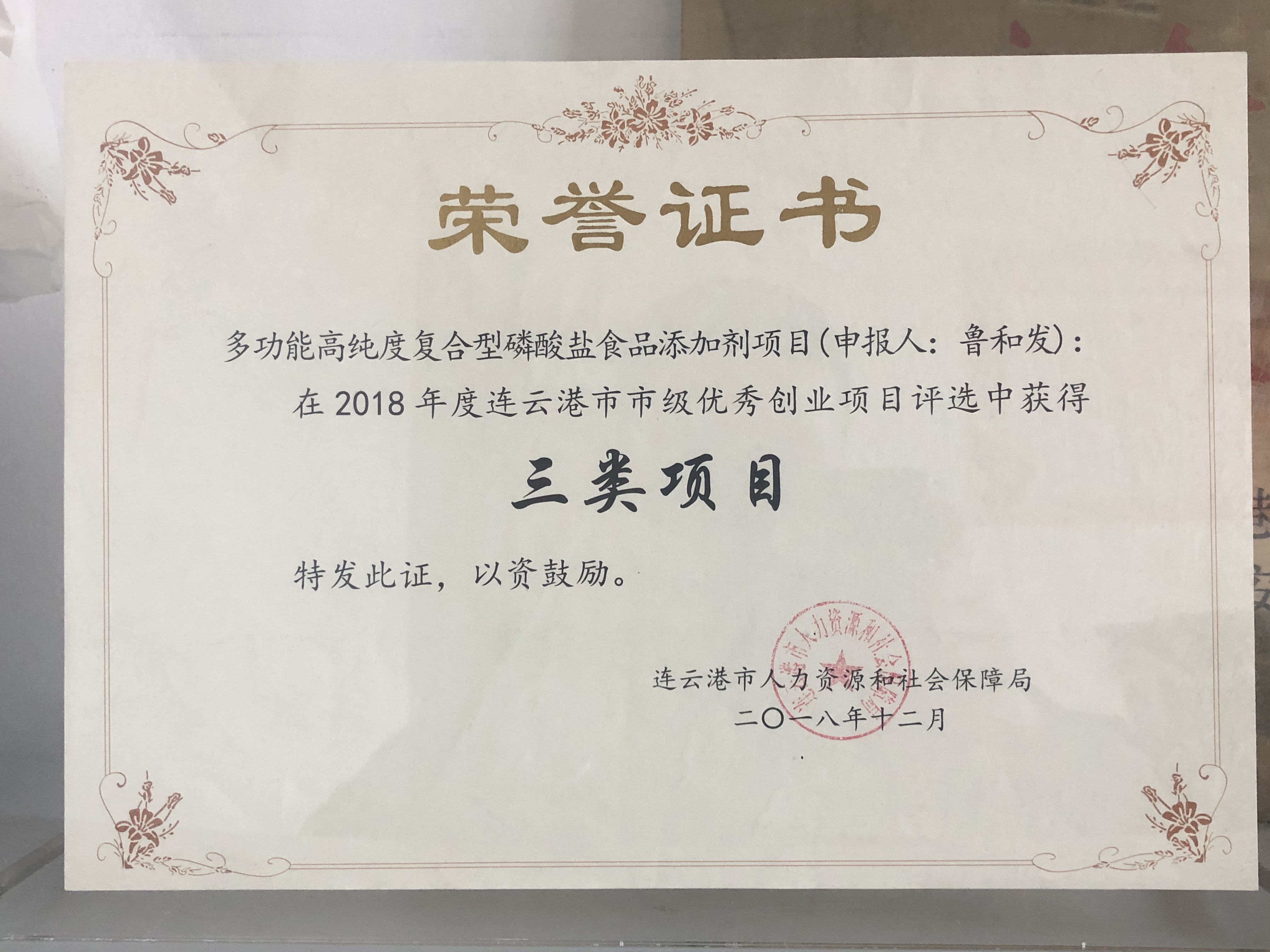 多功能高纯复和磷酸盐食品添加剂 优秀创业项目荣誉证书